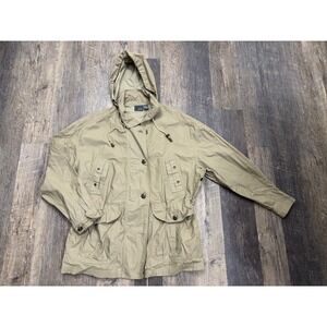 Lizwear Khaki Tan Safari Utility Jacket Hooded Cotton Cargo Pockets Women Medium